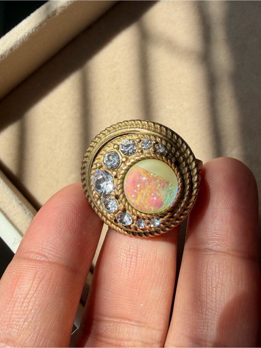 Gold-Tone Opal & Crystal Statement Ring - Elegant Women’s Jewelry